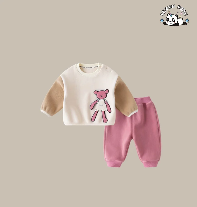 Conjunto de Treino Infantil de Cores Personalizadas para o Outono, Conjuntos de Joggers de Fleece Macio para Meninas - Product Image