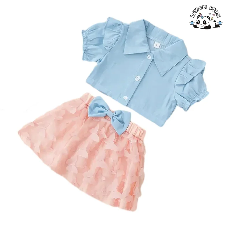 Custom Cute Faux Soft Denim Top Solid Butterfly Skirt Kids Toddler Girl Set Girls Clothing Sets - Product Image