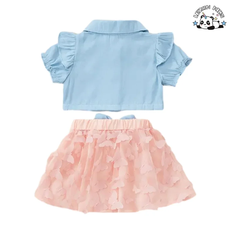 Custom Cute Faux Soft Denim Top Solid Butterfly Skirt Kids Toddler Girl Set Girls Clothing Sets - Product Image