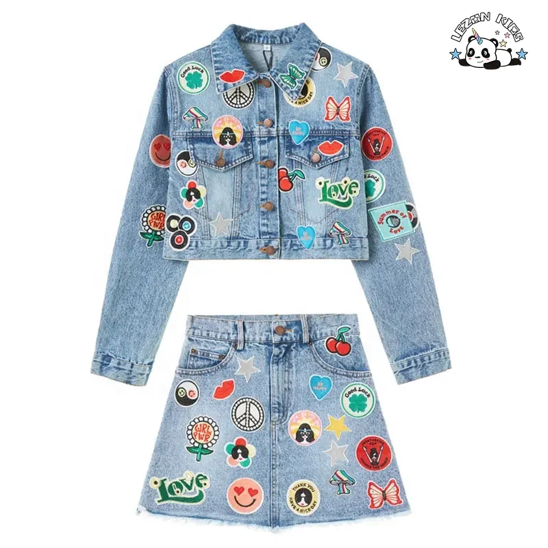 Custom Cute Little Girl 2 Piece Denim Set Embroidered Patches Kids Denim Sets With Denim Girl Dress