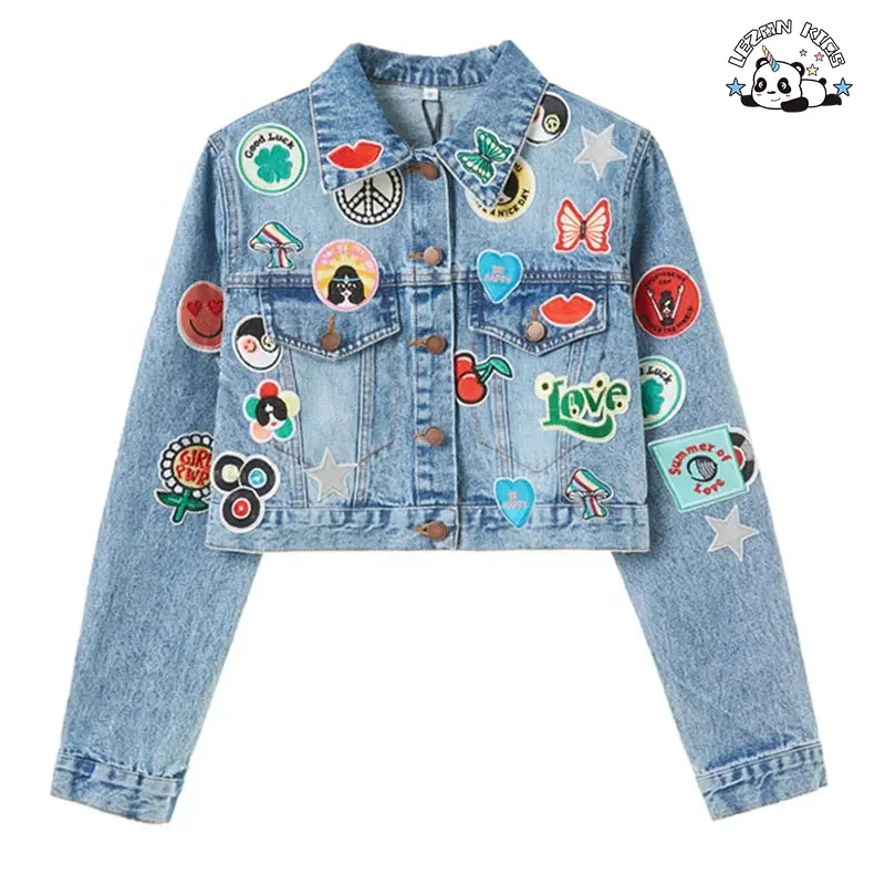 Custom Cute Little Girl 2 Piece Denim Set Embroidered Patches Kids Denim Sets With Denim Girl Dress - Product Image