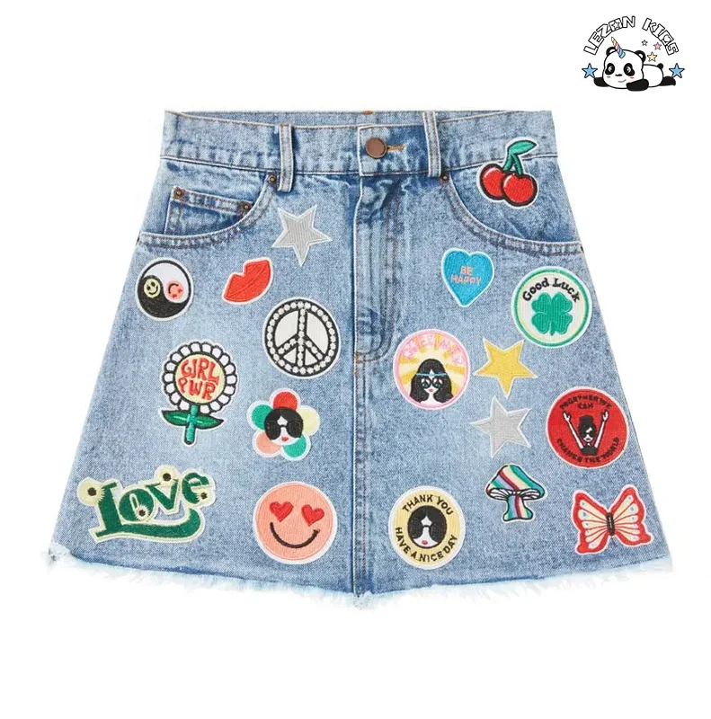 Custom Cute Little Girl 2 Piece Denim Set Embroidered Patches Kids Denim Sets With Denim Girl Dress - Product Image