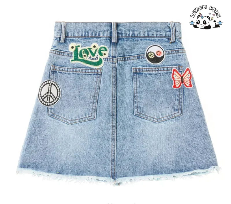 Custom Cute Little Girl 2 Piece Denim Set Embroidered Patches Kids Denim Sets With Denim Girl Dress - Product Image