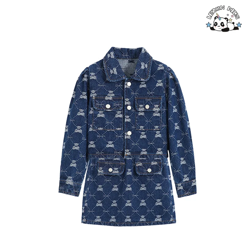 Custom Cute Little Girl 2 Piece Denim Set Embroidered Patches Kids Denim Sets