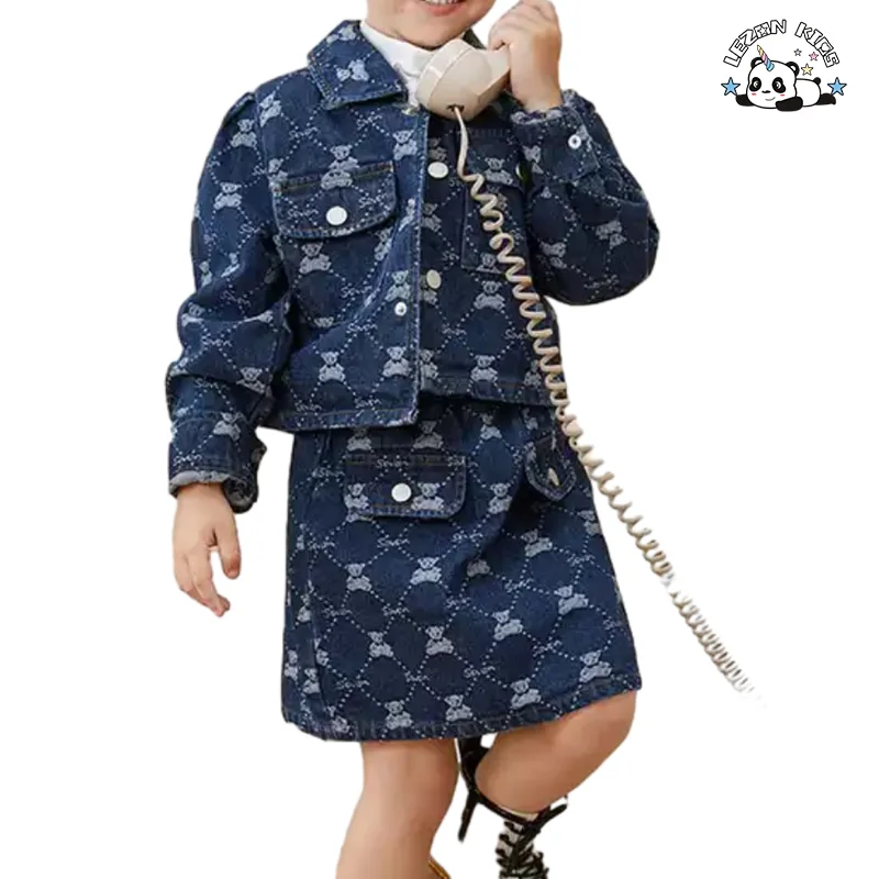 Custom Cute Little Girl 2 Piece Denim Set Embroidered Patches Kids Denim Sets - Product Image