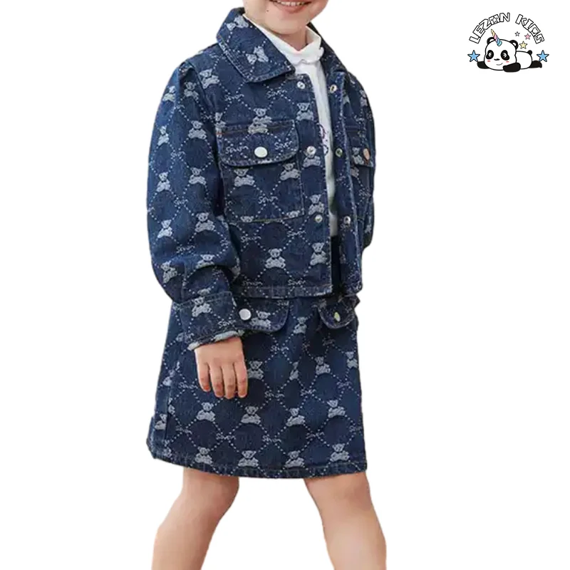 Custom Cute Little Girl 2 Piece Denim Set Embroidered Patches Kids Denim Sets - Product Image