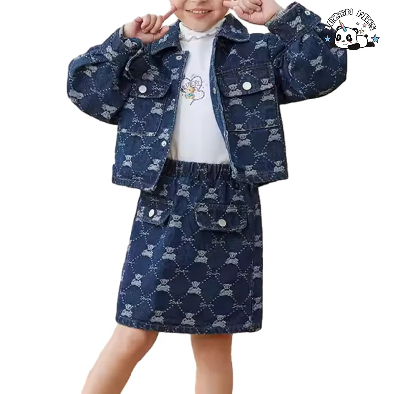 Custom Cute Little Girl 2 Piece Denim Set Embroidered Patches Kids Denim Sets - Product Image