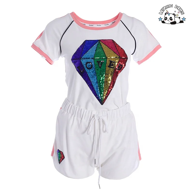 Conjunto de duas peças de roupa de menina com lantejoulas personalizadas, com aplicação de diamante e remendo, conjunto de roupa de verão para meninas