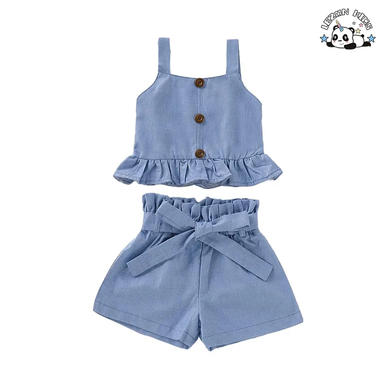 Conjuntos de Roupas Personalizadas para Crianças Azuis com Top Condole e Babados Verão Estilo Ocidental Tecido de Jeans Conjunto de Roupas para Meninas