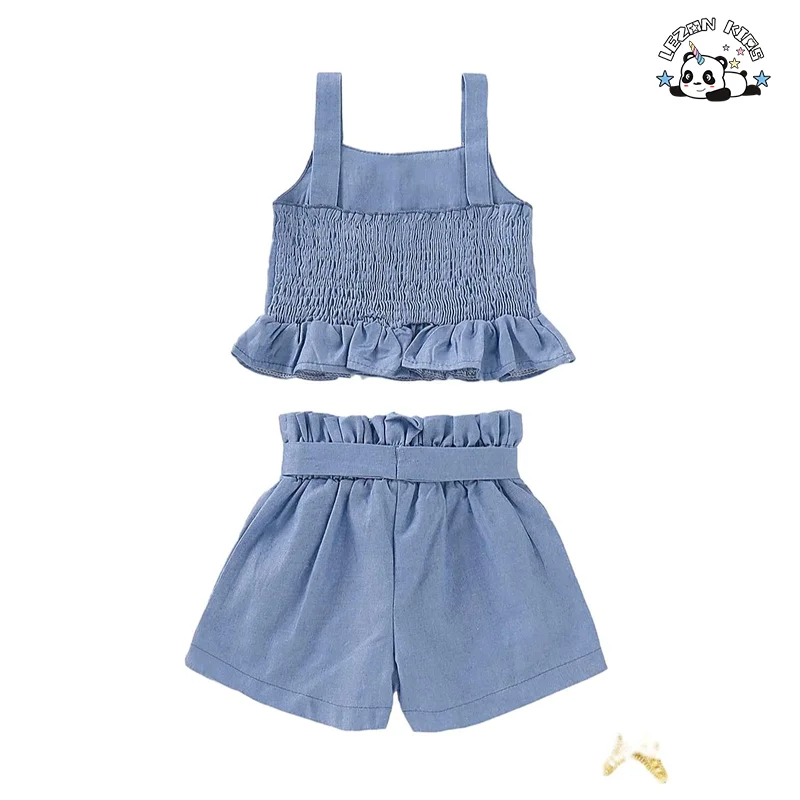 Custom Kids Clothing Sets Blue Condole Top Ruffles Summer Western Style Denim Fabric Girl Clothing Set - Product Image