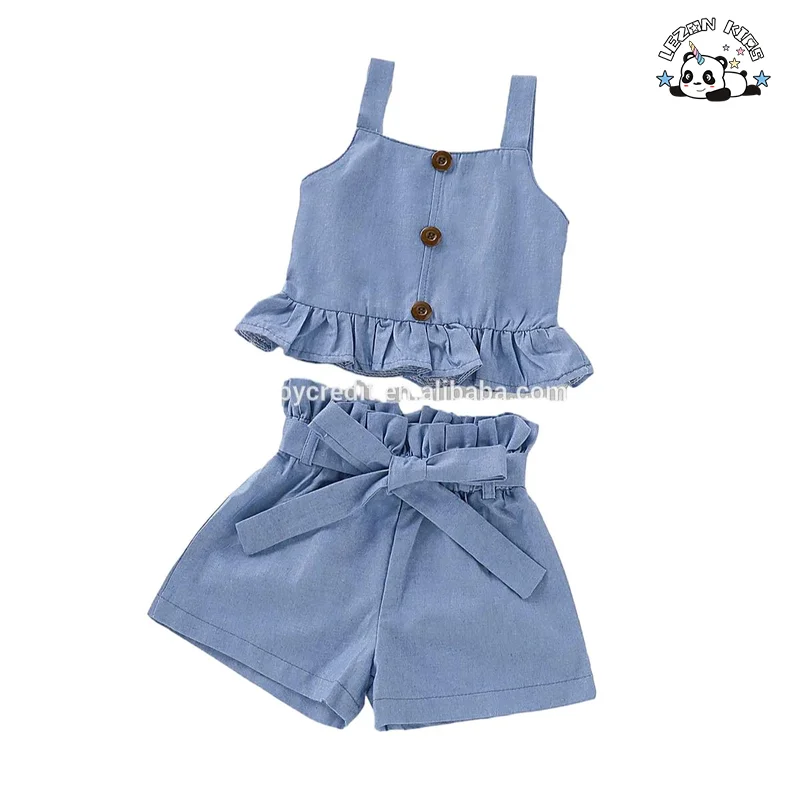 Custom Kids Clothing Sets Blue Condole Top Ruffles Summer Western Style Denim Fabric Girl Clothing Set - Product Image