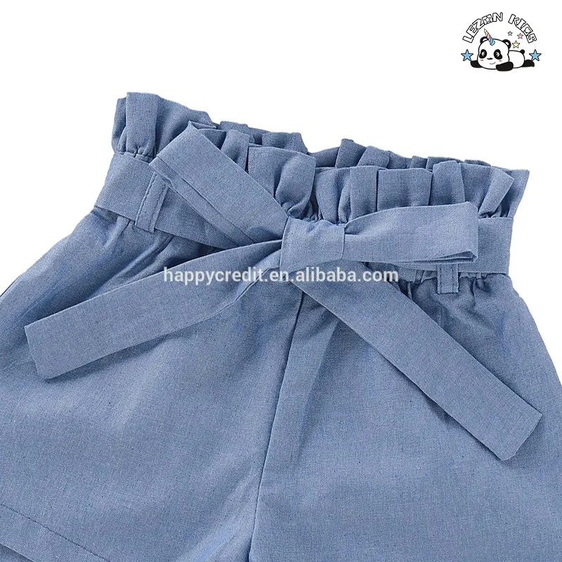 Custom Kids Clothing Sets Blue Condole Top Ruffles Summer Western Style Denim Fabric Girl Clothing Set - Product Image