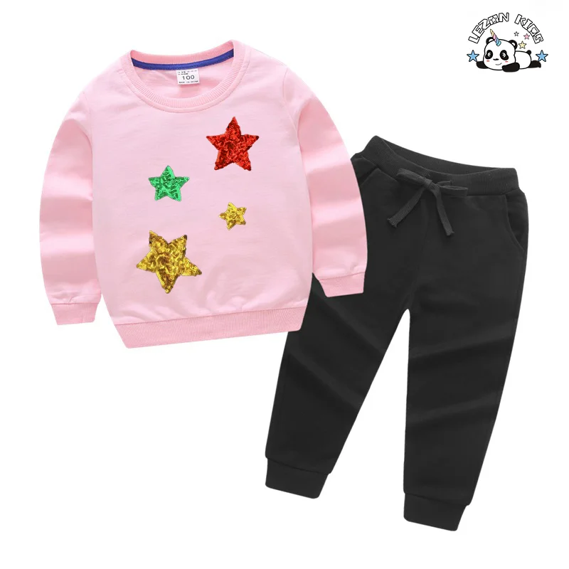 Custom Kids Fall Winter Set Sequin Stars Sweatshirt Jogger Set Casual Girl Clothing Sets