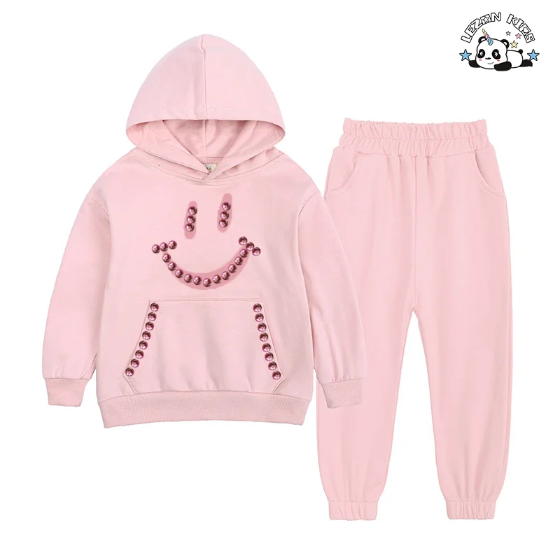 Custom Kids Solid Color Hoodie Set Beaded Sweatshirt Sweat pant set for Fall Winter