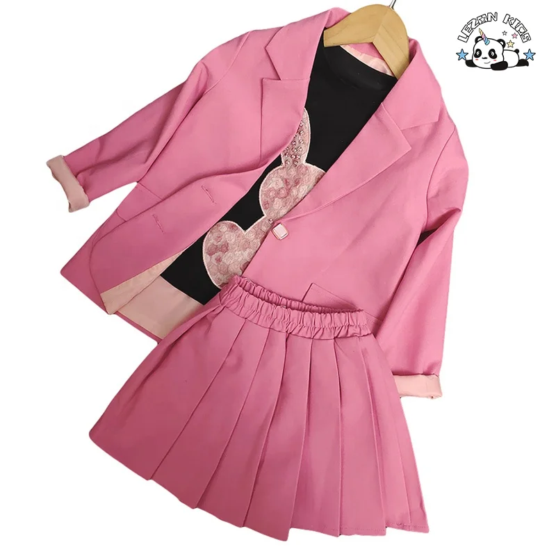 Custom Kids Two-Piece Set Pleated Cotton Blazer Dot Pattern Girls Skirt for 2-14 Year Olds - Product Image