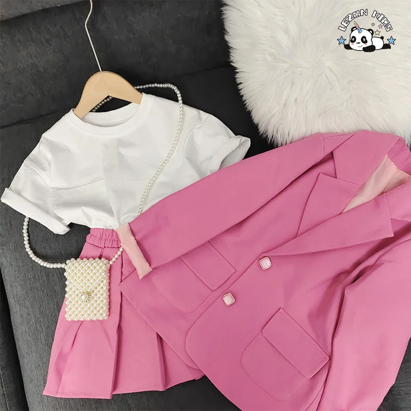 Custom Kids Two-Piece Set Pleated Cotton Blazer Dot Pattern Girls Skirt for 2-14 Year Olds - Product Image