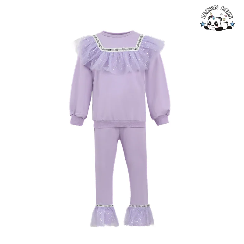 Custom Pearls Tulle Ruffle Sweatshirt Flares 2 Pieces Sets of Kids Girl Cute Toddler Girls Clothing Sets