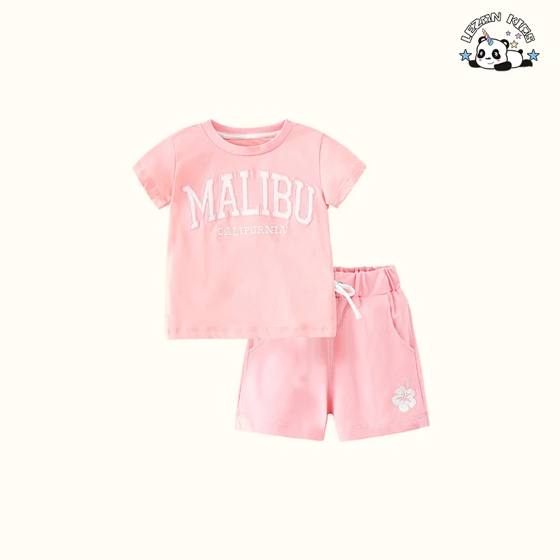 Conjunto Infantil de Marca Privada Rosa para Meninas com Estampa de Letras para Crianças de 2 a 14 anos