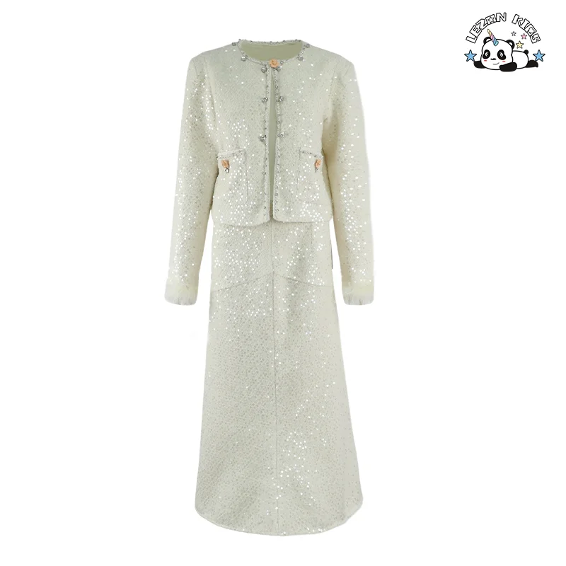 Custom Winter Party Dress Girls 2-14 Years New Trends White Sequined Long Sleeve for Kids Clothing Sets