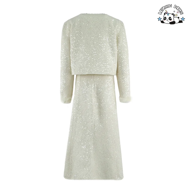 Custom Winter Party Dress Girls 2-14 Years New Trends White Sequined Long Sleeve for Kids Clothing Sets - Product Image