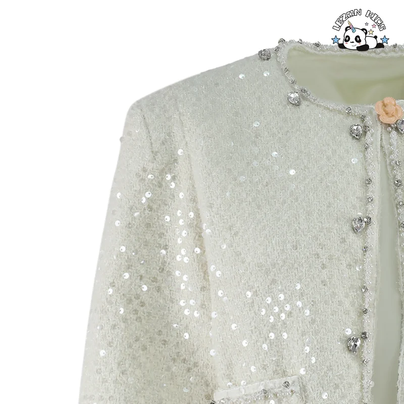 Custom Winter Party Dress Girls 2-14 Years New Trends White Sequined Long Sleeve for Kids Clothing Sets - Product Image