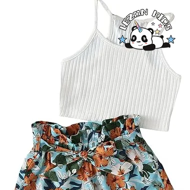 Conjunto de Roupas para Meninas com 2 Peças Florais sem Mangas e Calções com Cinto Personalizáveis
