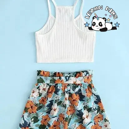 Conjunto de Roupas para Meninas com 2 Peças Florais sem Mangas e Calções com Cinto Personalizáveis - Product Image