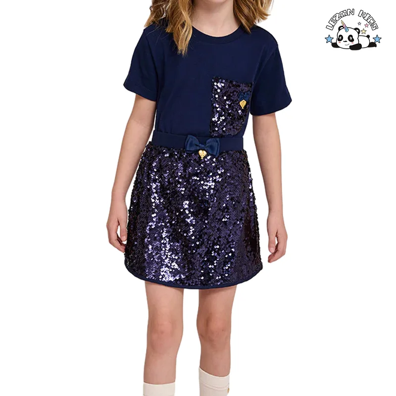 Customizable Blue Sequin Party T-shirt and Skirt Set Girls Sets Child Clothing for Teen Girls - Product Image