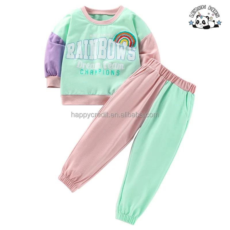 Customizable Casual Cartoon Printed Color Block 2 Piece Tracksuit Girls Clothing Sets for Spring