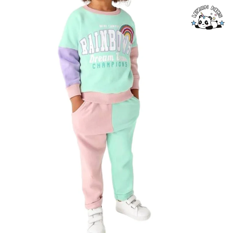Customizable Casual Cartoon Printed Color Block 2 Piece Tracksuit Girls Clothing Sets for Spring - Product Image