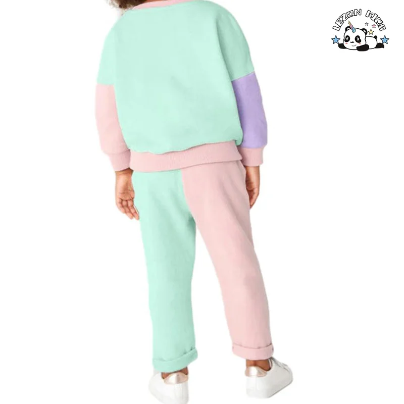 Customizable Casual Cartoon Printed Color Block 2 Piece Tracksuit Girls Clothing Sets for Spring - Product Image