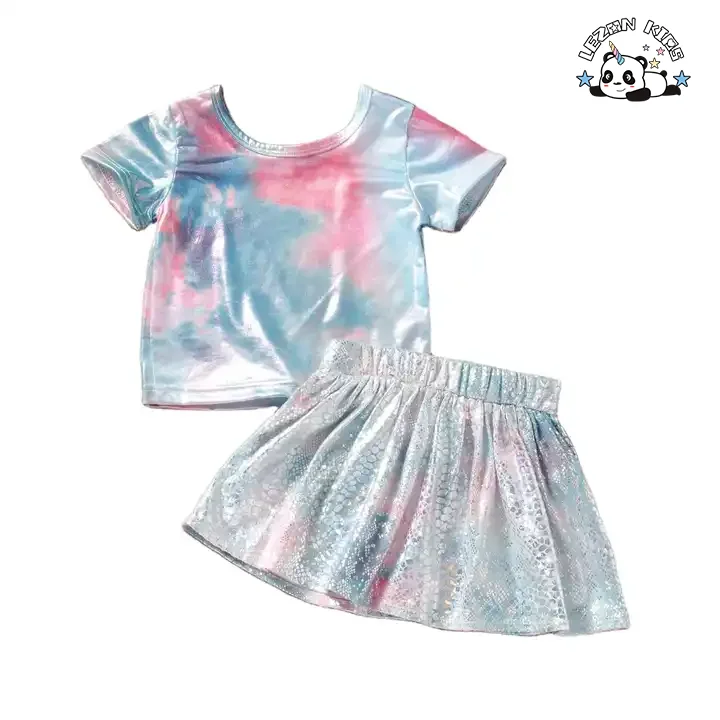 Customizable Children's Clothing Set Summer Girl Set Tie Dye Short Sleeve T-shirt Sequin Tutu Skirt