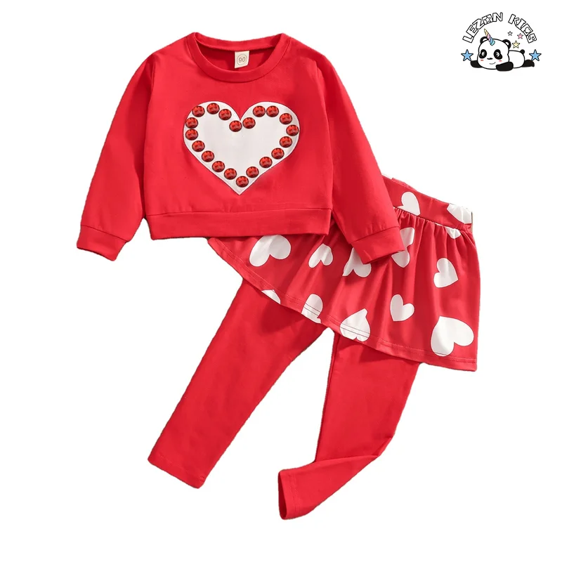 Conjunto de roupa infantil personalizável de manga longa com coração e contas para o Dia dos Namorados