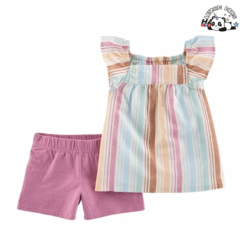 Conjunto de Roupas de Verão Coloridas e Listradas Personalizáveis para Meninas com Top sem Mangas e Shorts Rosa