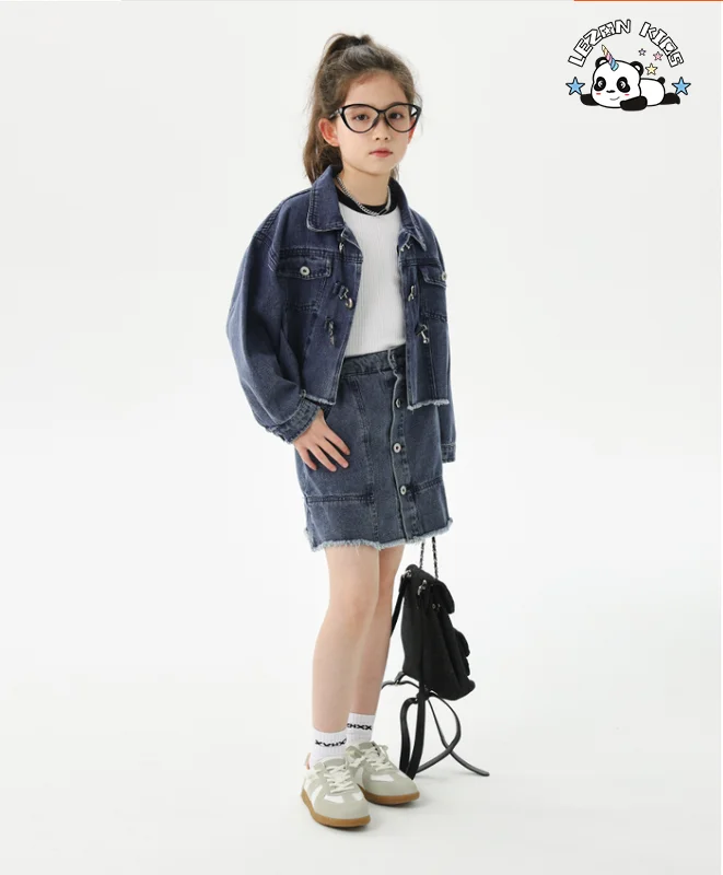 Customizable Denim Long Sleeve Jacket Button Skirt Girls Two-piece Set Skirt Suit Kids Clothing Set