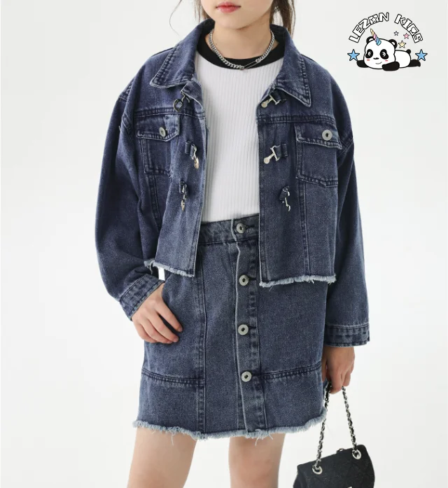 Customizable Denim Long Sleeve Jacket Button Skirt Girls Two-piece Set Skirt Suit Kids Clothing Set - Product Image