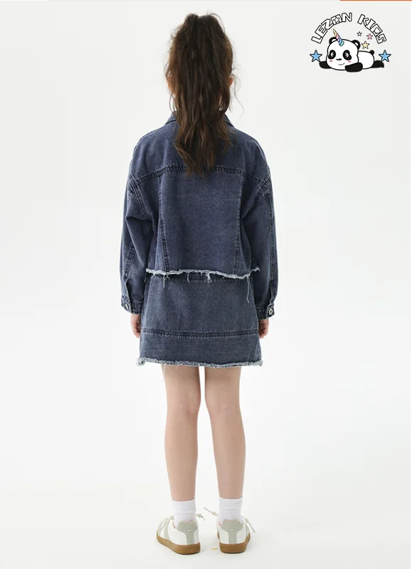Customizable Denim Long Sleeve Jacket Button Skirt Girls Two-piece Set Skirt Suit Kids Clothing Set - Product Image