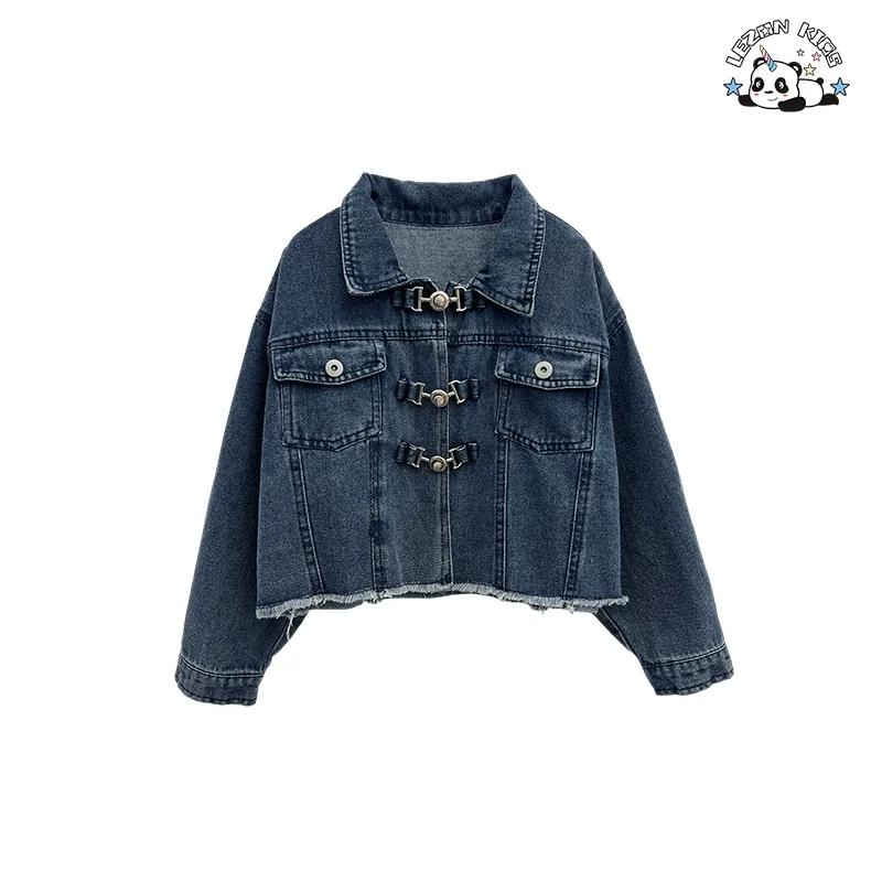Customizable Denim Long Sleeve Jacket Button Skirt Girls Two-piece Set Skirt Suit Kids Clothing Set - Product Image