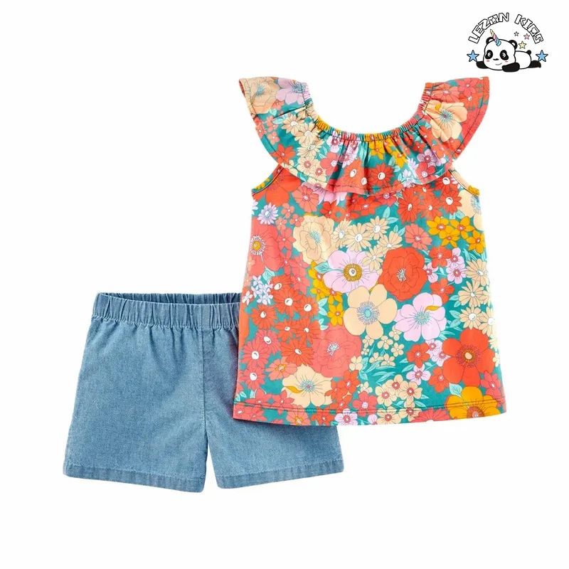 Customizable Direct Custom Lovely Cute Girl Flower Clothes Denim Short Holiday Beach Clothing Sets for Summer