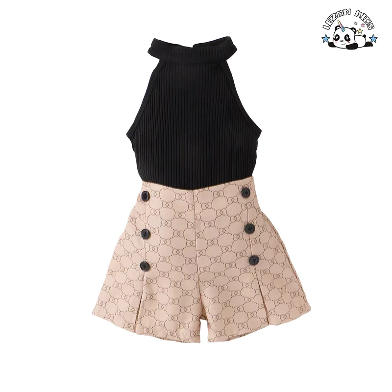 Customizable Factory Direct Price Cool Sleeveless Button T-shirt and Shorts Girls Clothing Sets for 2-14 Years Old