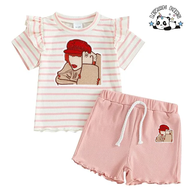 Conjunto de Roupas de Verão Personalizáveis para Meninas com Preço de Fábrica, Adesivos Divertidos, Roupas de Algodão Tricotado para Bebês