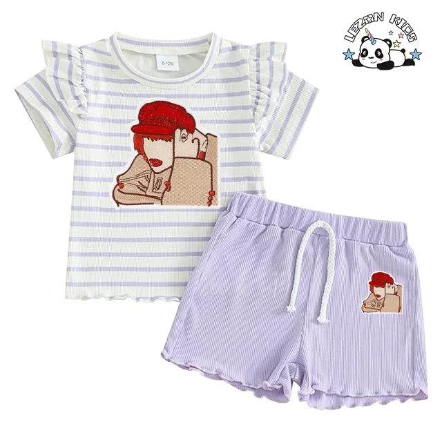 Conjunto de Roupas de Verão Personalizáveis para Meninas com Preço de Fábrica, Adesivos Divertidos, Roupas de Algodão Tricotado para Bebês - Product Image