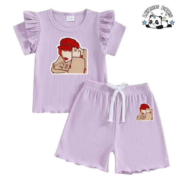 Conjunto de Roupas de Verão Personalizáveis para Meninas com Preço de Fábrica, Adesivos Divertidos, Roupas de Algodão Tricotado para Bebês - Product Image