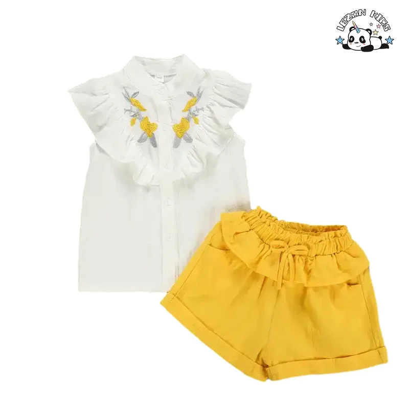 Conjuntos de Roupas Personalizáveis para Meninas Pequenas Moda Fofa Bebê Menina Roupas Camisa com Babados e Bordados Florais Conjuntos de Roupas para Meninas