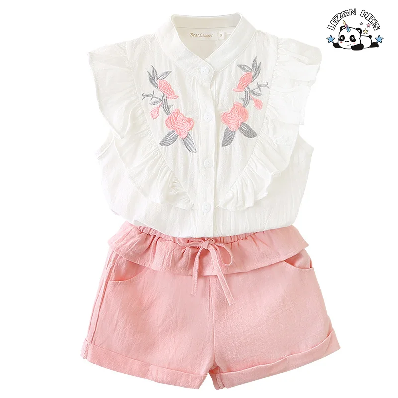 Conjuntos de Roupas Personalizáveis para Meninas Pequenas Moda Fofa Bebê Menina Roupas Camisa com Babados e Bordados Florais Conjuntos de Roupas para Meninas - Product Image
