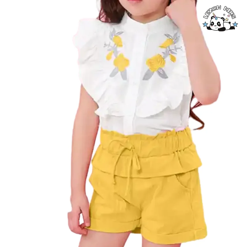 Conjuntos de Roupas Personalizáveis para Meninas Pequenas Moda Fofa Bebê Menina Roupas Camisa com Babados e Bordados Florais Conjuntos de Roupas para Meninas - Product Image