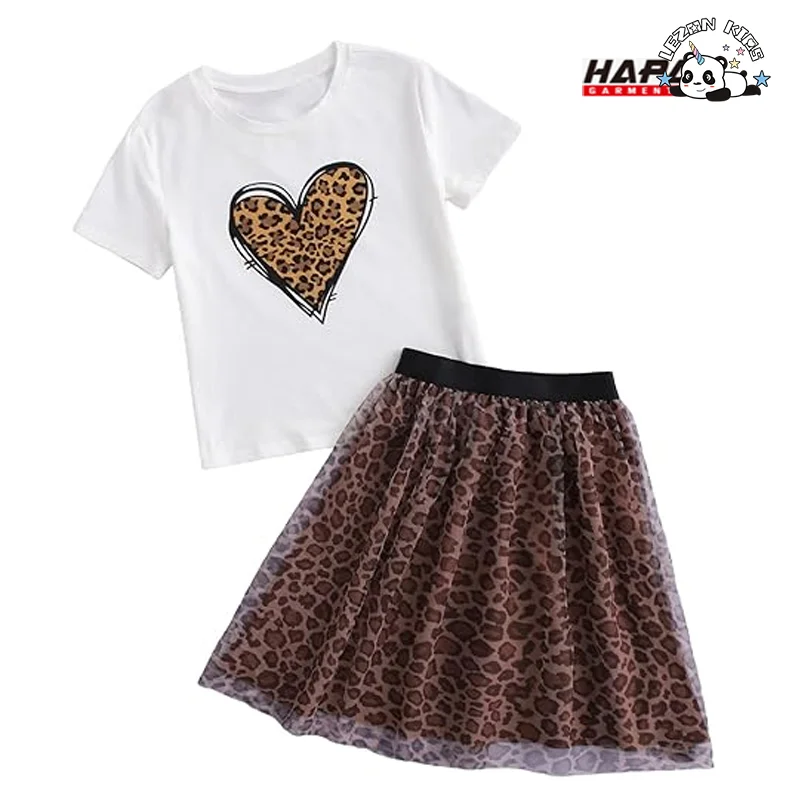 Customizable Fashion Style Leopard Printing T Shirt Set Leopard Skirt Girls Matching Set for Summer