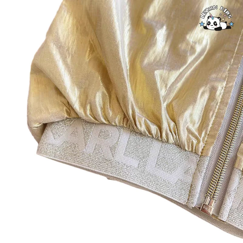 Customizable Golden Jacket Shorts Set Casual Western Style Girls Spring Season Solid Pattern Ribbed Outfit Set - Product Image