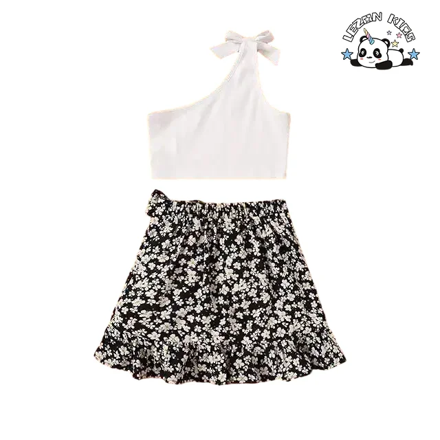 Customizable High Quality 2 Piece Floral One Shoulder Top Sleeveless Tank Top Skirt Girls Set
