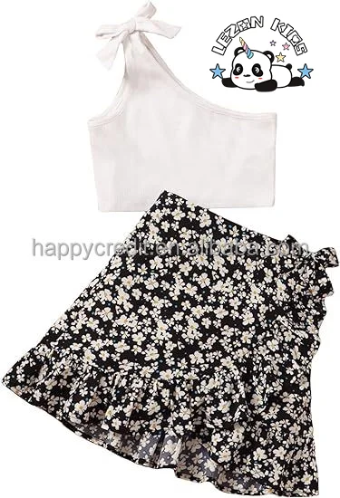 Customizable High Quality 2 Piece Floral One Shoulder Top Sleeveless Tank Top Skirt Girls Set - Product Image